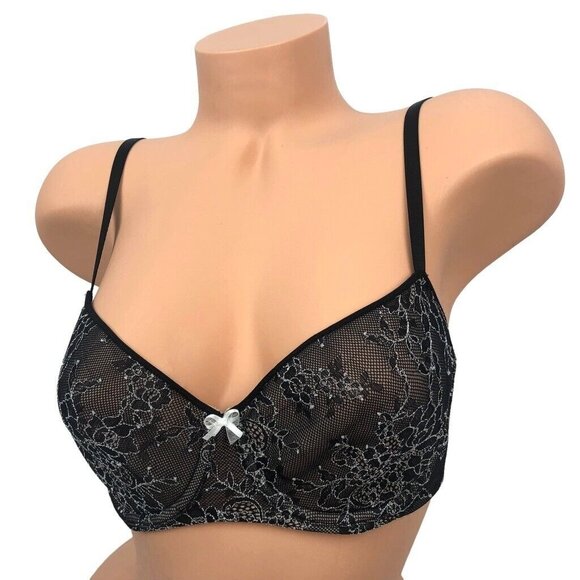 Victoria's Secret Balconette Bra Size 32D Black Embroidered Floral Lace Unpadded - Picture 2 of 7